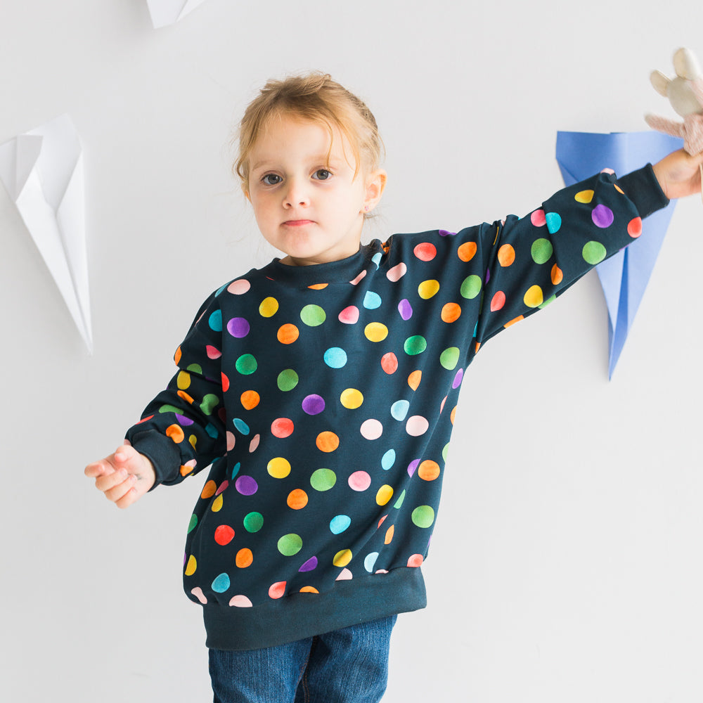 Rainbow Dots Navy - Oversized Crew