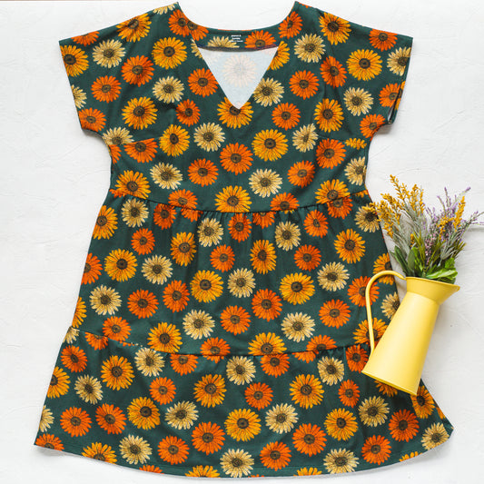 Adult Tiered Dress - Navy Sunflower